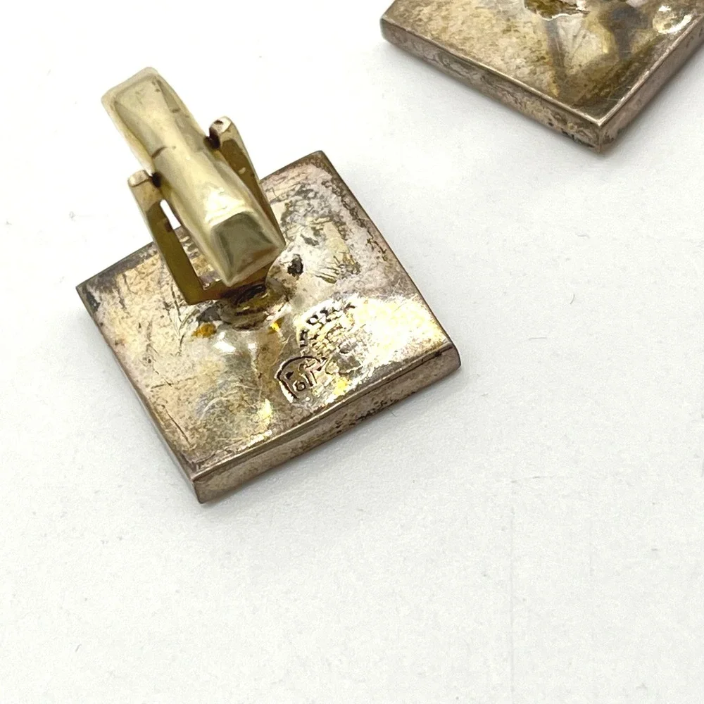 Vintage Sterling Silver Alpaca Mexico Abalone Shell Inlay Square Cufflinks‎